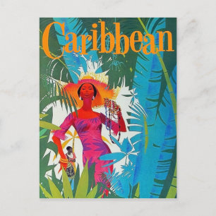 Lady in a walk on Caribbean isle, vintage, tourist Postcard