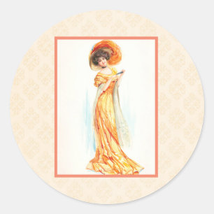 Lady in a yellow dress classic round sticker