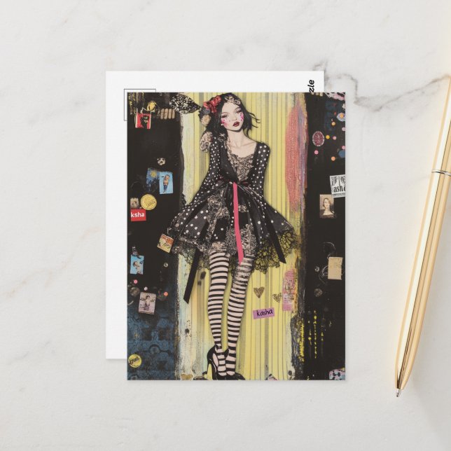 Lady in Black and White Fashion Collage Postcard (Front/Back In Situ)