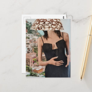 Lady in Black Dress with Bowl on Her Head collage Postcard