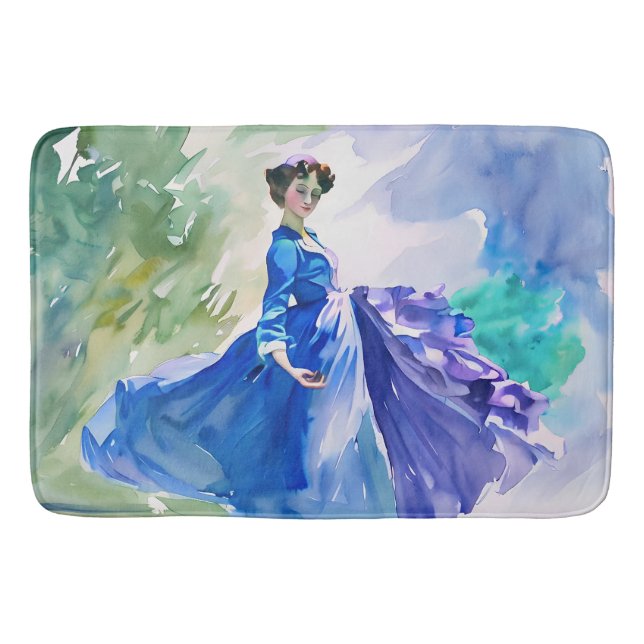 Lady in Blue Dress - Watercolor Painting Bath Mat (Front)
