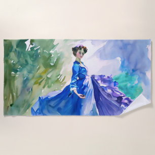 Lady in Blue Dress - Watercolor Painting Beach Towel