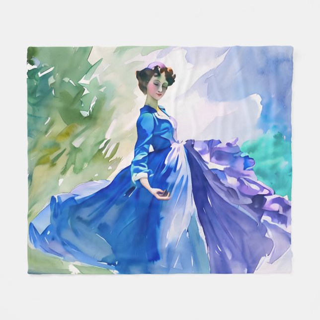 Lady in Blue Dress - Watercolor Painting Fleece Blanket (Front (Horizontal))