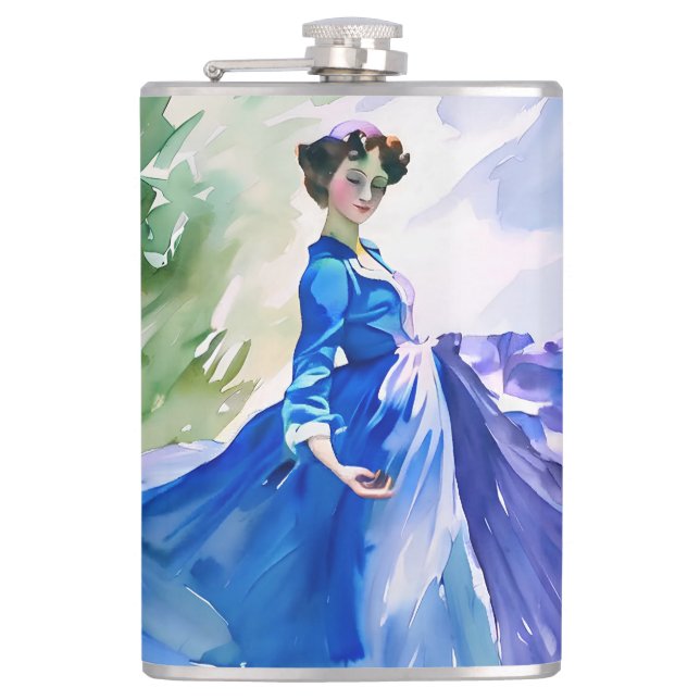 Lady in Blue Dress - Watercolor Painting Hip Flask (Front)