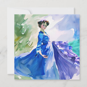 Lady in Blue Dress - Watercolor Painting Invitation