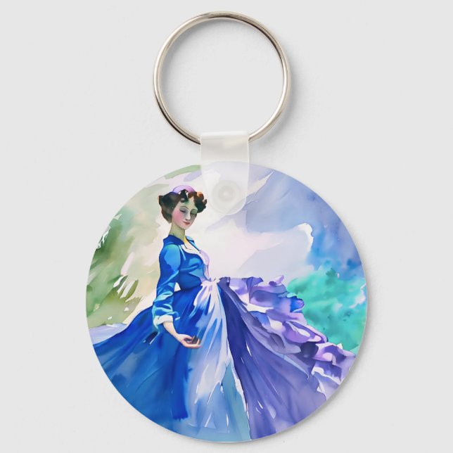 Lady in Blue Dress - Watercolor Painting Key Ring (Front)