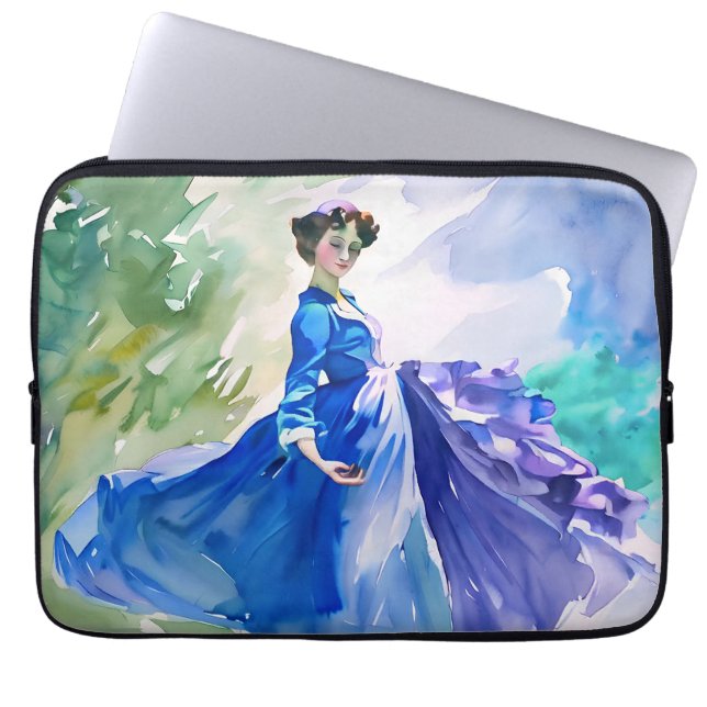 Lady in Blue Dress - Watercolor Painting Laptop Sleeve (Front)
