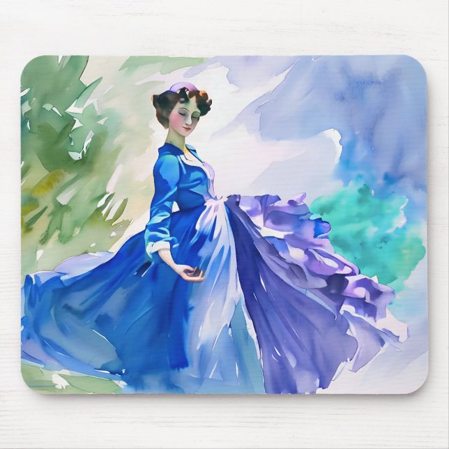 Lady in Blue Dress - Watercolor Painting Mouse Pad (Front)