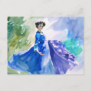 Lady in Blue Dress - Watercolor Painting Postcard