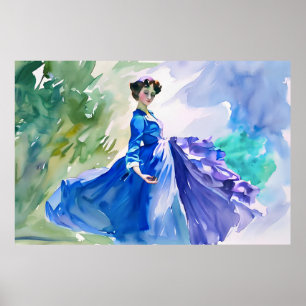 Lady in Blue Dress - Watercolor Painting Poster