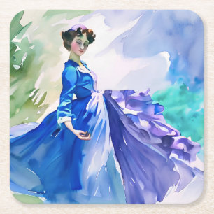 Lady in Blue Dress - Watercolor Painting Square Paper Coaster