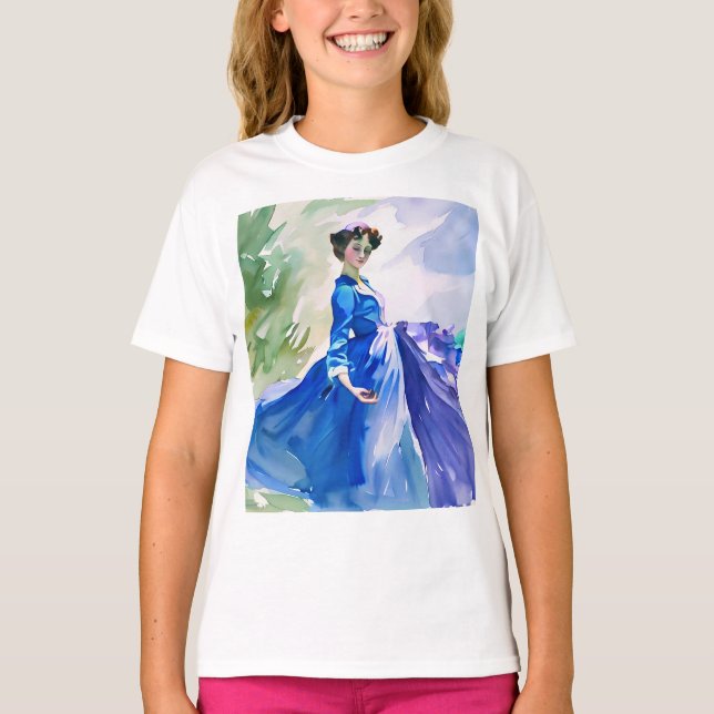 Lady in Blue Dress - Watercolor Painting T-Shirt (Front)