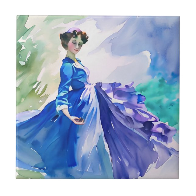 Lady in Blue Dress - Watercolor Painting Tile (Front)