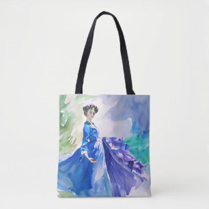 Lady in Blue Dress - Watercolor Painting Tote Bag