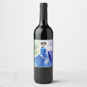 Lady in Blue Dress - Watercolor Painting Wine Label