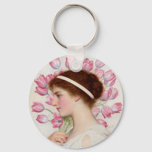 Lady in Classical Dress with Pink Tulips Key Ring