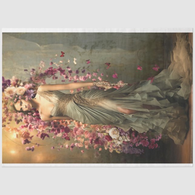 Lady in Green, Portrait & Vibrant Floral Art  Tissue Paper (Front)