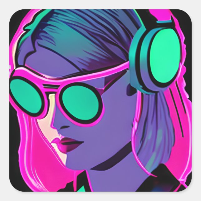 Lady in Headphones Jamming to Music Square Sticker (Front)