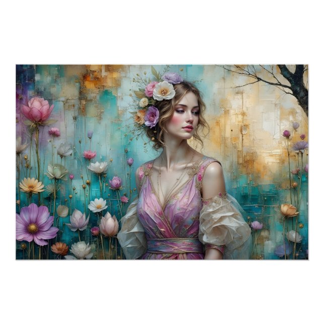 Lady in Pink, textured floral landscape teal gold Poster (Front)