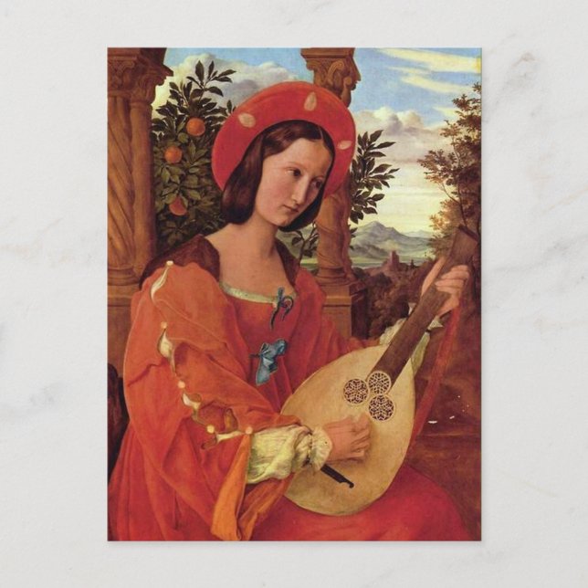 Lady in Red Playing A Lute Postcard (Front)