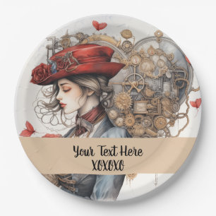 Lady in Red Valentine Kiss steampunk watercolor Paper Plate