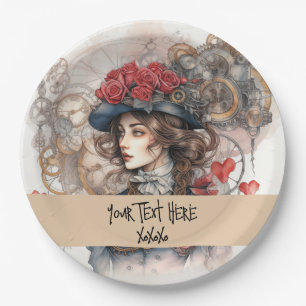 Lady in Red Valentine Kiss steampunk watercolor Paper Plate