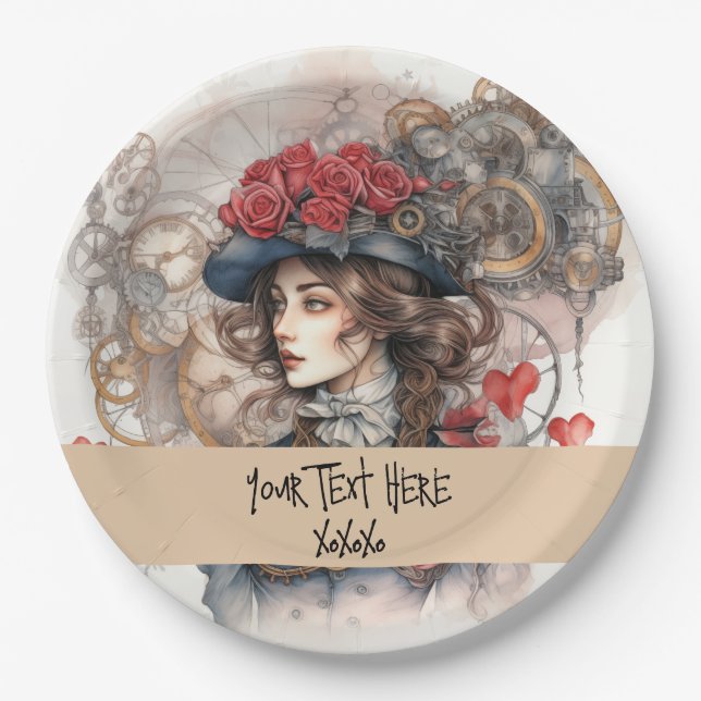 Lady in Red Valentine Kiss steampunk watercolor Paper Plate (Front)