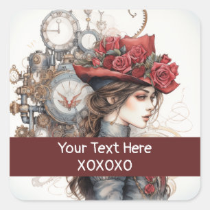 Lady in Red Valentine Kiss steampunk watercolor Square Sticker