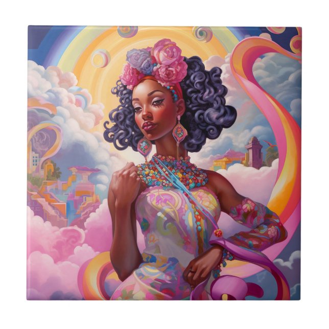 Lady In Surreal World African American Art Pink Tile (Front)