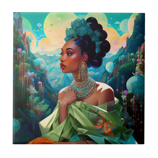 Lady In Surreal World African American Art Tile (Front)