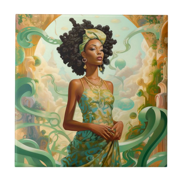 Lady In Surreal World African American Art Tile (Front)
