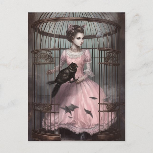 Lady in the Bird Cage With Weird Bird Postcard (Front)
