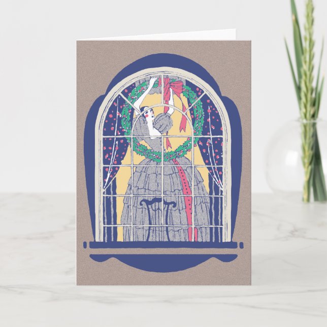 Lady in Window with Wreath Holiday Card (Front)