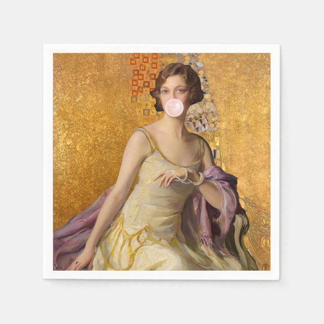 Lady in yellow blowing bubble gum napkin (Front)