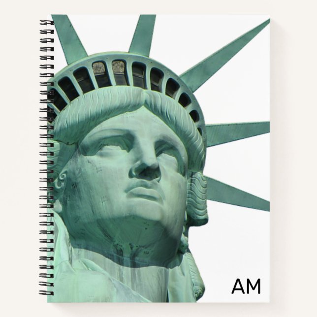 Lady Liberty and Monogram on White & Light Teal Notebook (Front)