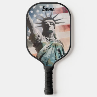 Lady Liberty and the American Flag Custom Name Pickleball Paddle
