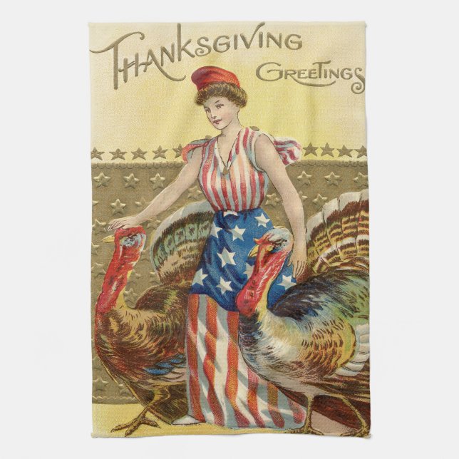 Lady Liberty Turkeys US Flag Patriotic Tea Towel (Vertical)