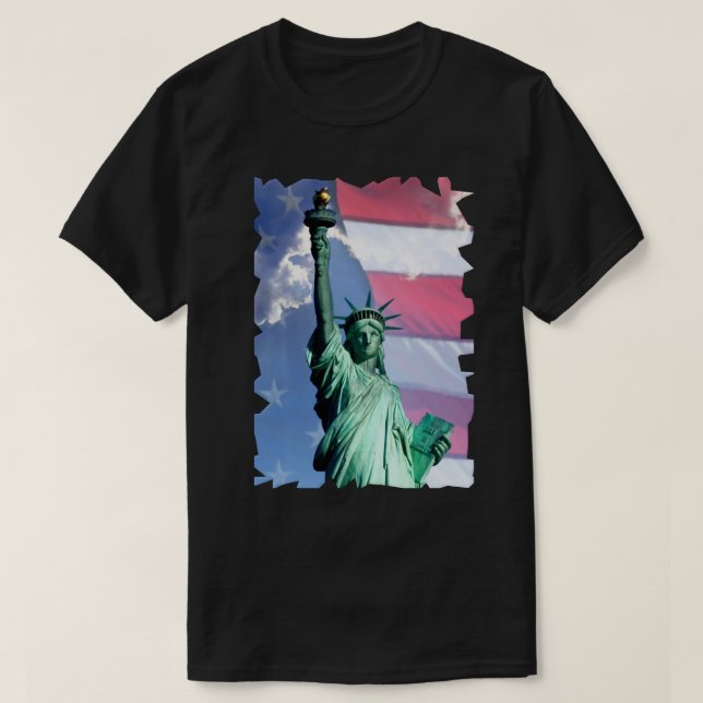 Lady Liberty USA Flag Sky Clouds Statue of Liberty T-Shirt (Design Front)