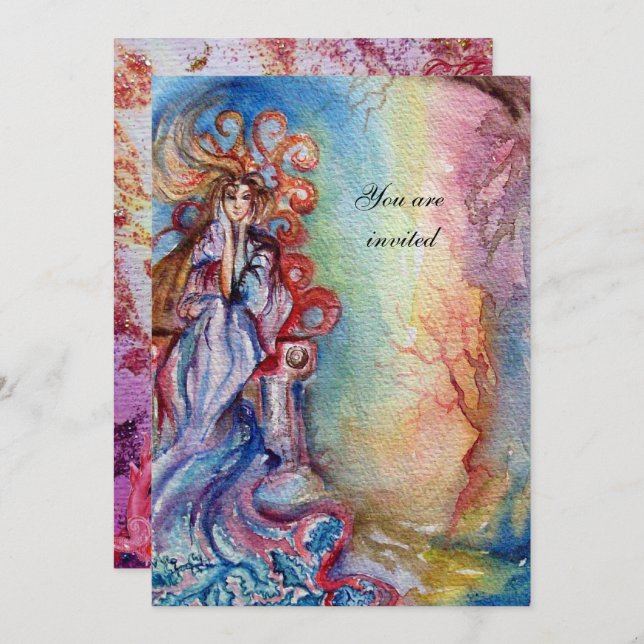 LADY OF LAKE 1, vibrant bright blue pink Invitation (Front/Back)