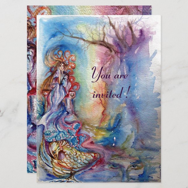 LADY OF LAKE , vibrant blue pink Invitation (Front/Back)