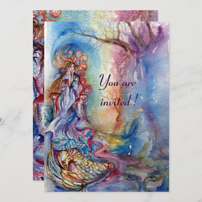 LADY OF LAKE , vibrant blue pink metallic silver Invitation (Front/Back)