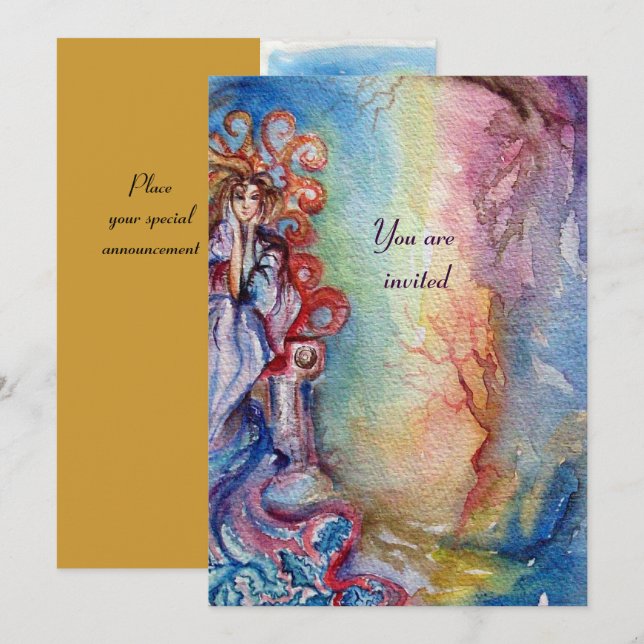 LADY OF LAKE , vibrant bright blue pink yellow Invitation (Front/Back)