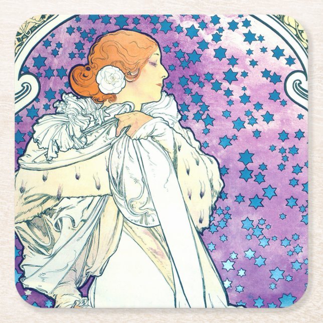 Lady of the Camelias, Alphonse Mucha Square Paper Coaster (Front)