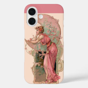 LADY OF THE MOON WITH FLOWERS IN PINK iPhone 16 CASE