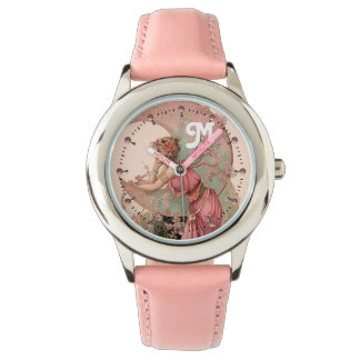 LADY OF THE MOON WITH FLOWERS IN PINK MONOGRAM WATCH
