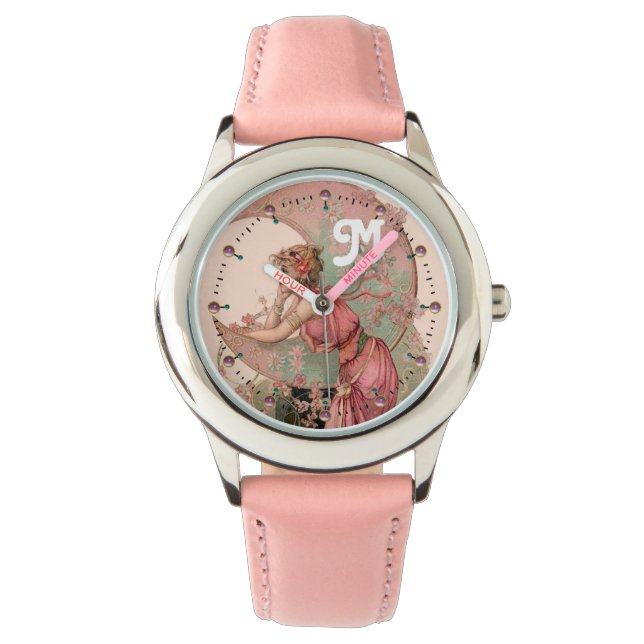 LADY OF THE MOON WITH FLOWERS IN PINK MONOGRAM WATCH (Front)