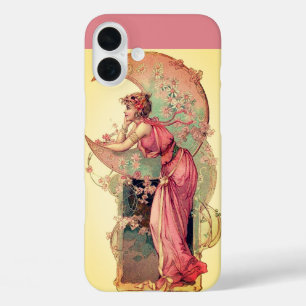 LADY OF THE MOON WITH FLOWERS IN PINK YELLOW iPhone 16 PLUS CASE
