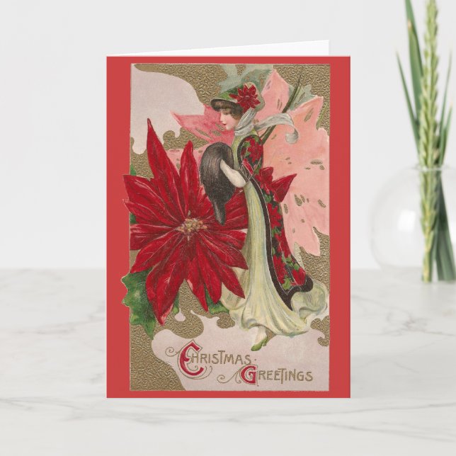 Lady of the Poinsettias Vintage Christmas Holiday Card (Front)