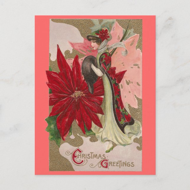 Lady of the Poinsettias Vintage Christmas Holiday Postcard (Front)