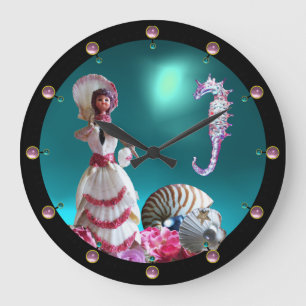 LADY OF THE SEASHELLS, SEAHORSE AND PINK BLUE GEMS LARGE CLOCK